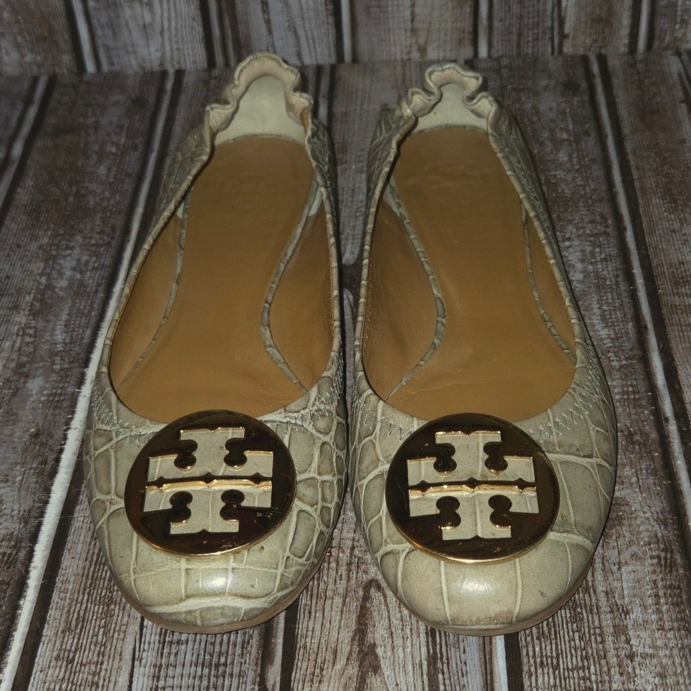 Sz 9 M Tory Burch Reva Gray Croc Embossed Leather Logo Ballet Flats VGUC!